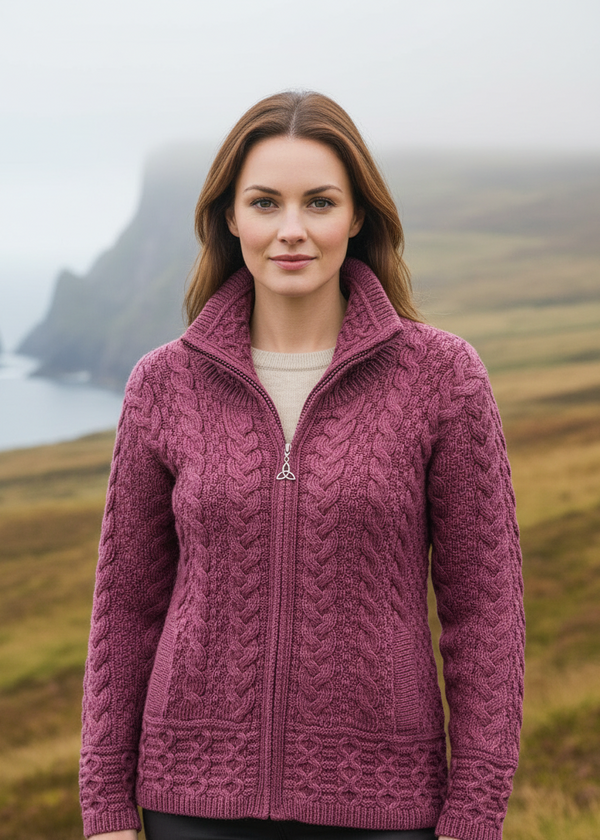 Aran Crafts Double Collar Trinity Cardigan - Trinity Knot & Zipper Detail 3