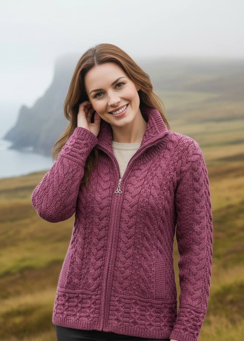 Aran Crafts Double Collar Trinity Cardigan | Berry | 100% Merino Wool