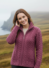 Aran Crafts Double Collar Trinity Cardigan | Berry | 100% Merino Wool