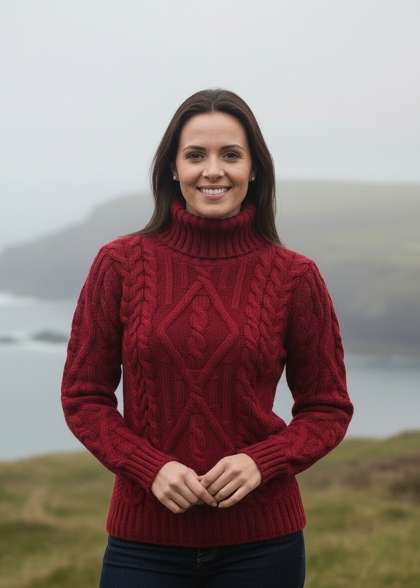 Aran Garnet Red Turtleneck Sweater | 100% Merino Wool | Traditional Irish Cable Knit