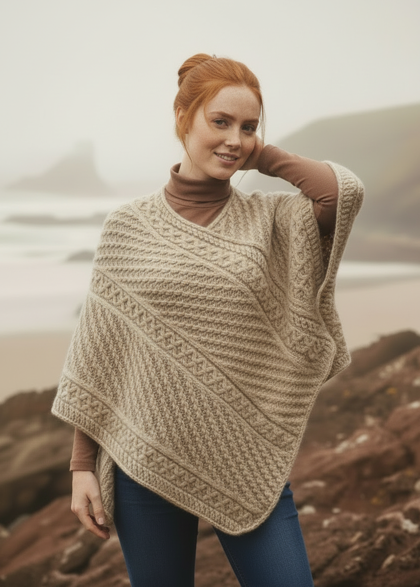 Aran Merino Wool V Poncho in Parsnip | Irish Cable Knit