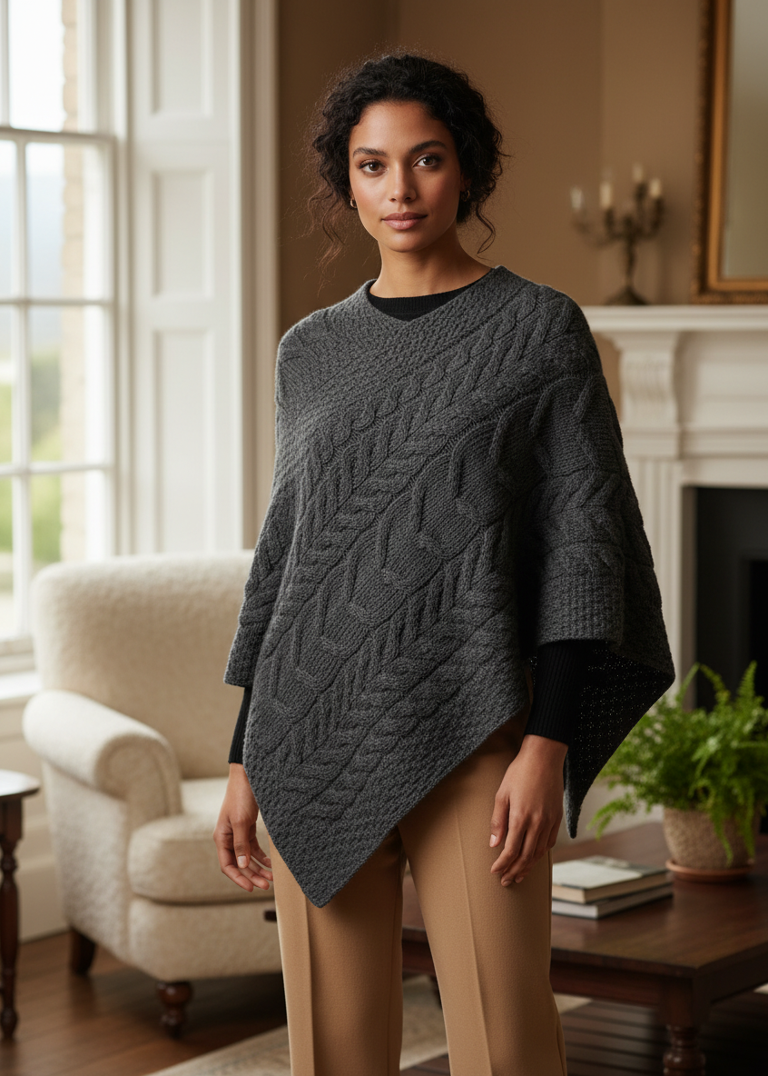 Aran Super Soft Poncho | 100% Merino Wool | Charcoal