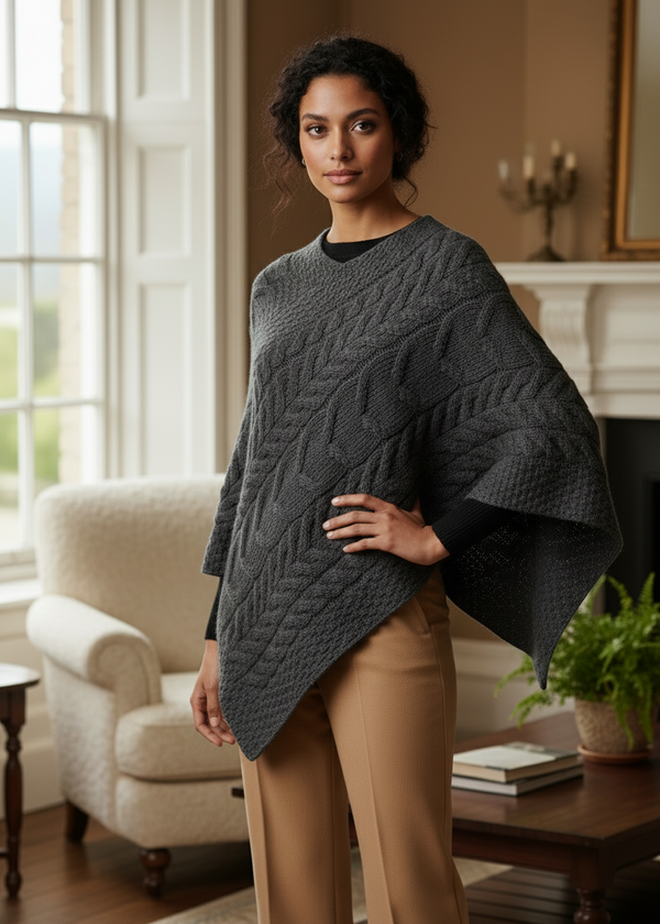 Aran Super Soft Poncho | 100% Merino Wool | Charcoal