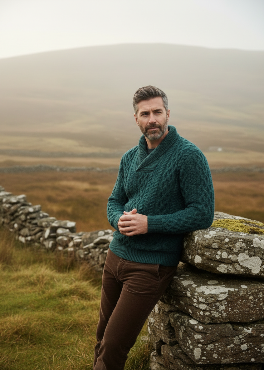 Man in a teal sweater standing by a stone wall with a misty landscape in the background