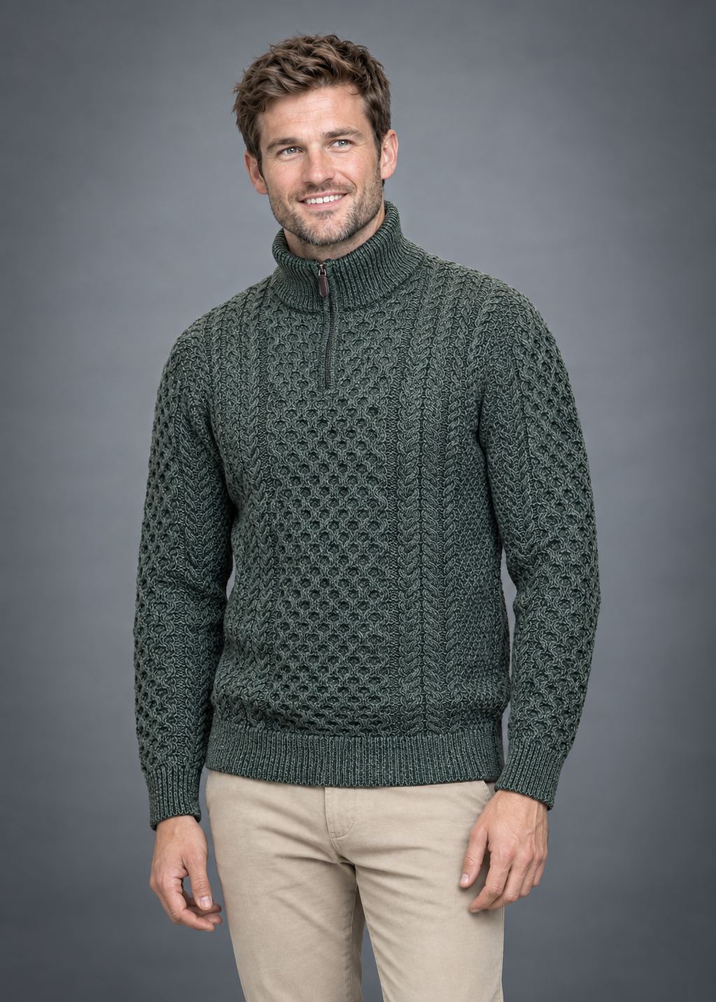 Aran Cable Knit Half Zip Sweater | 100% Merino Wool | Green