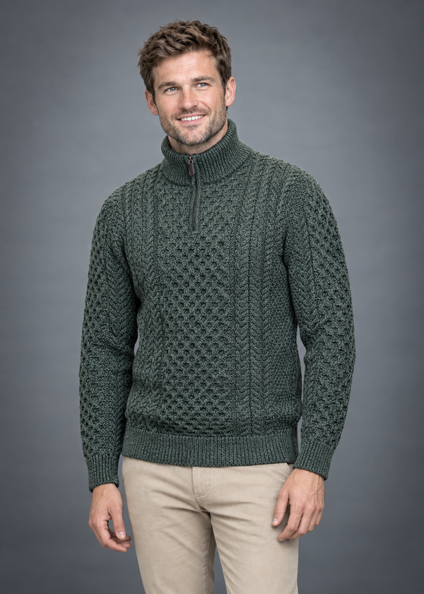 Aran Cable Knit Half Zip Sweater | 100% Merino Wool | Green