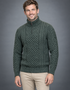 Aran Cable Knit Half Zip Sweater | 100% Merino Wool | Green