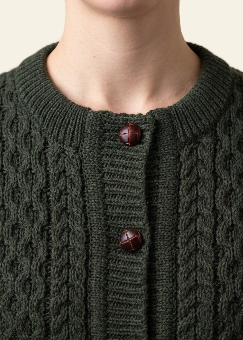 Aran Merino Wool Cable Knit Cardigan | Army Green