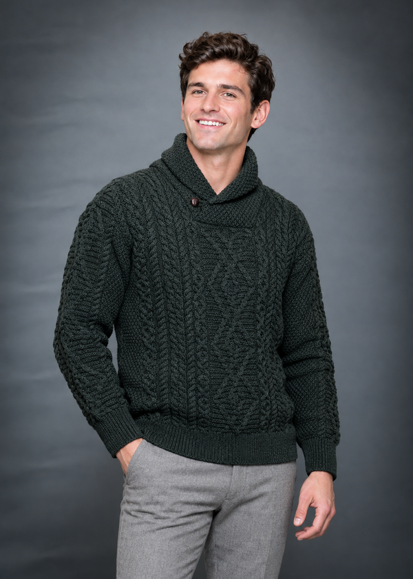 Men's Aran Shawl Neck Sweater | Army Green | 100% Merino Wool