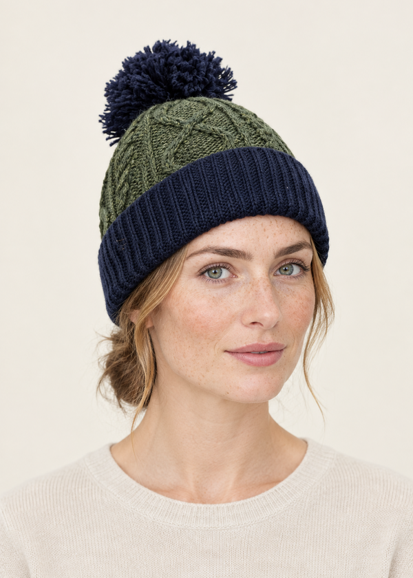 Two Tone Aran Pom Pom Hat | Army Green & Navy
