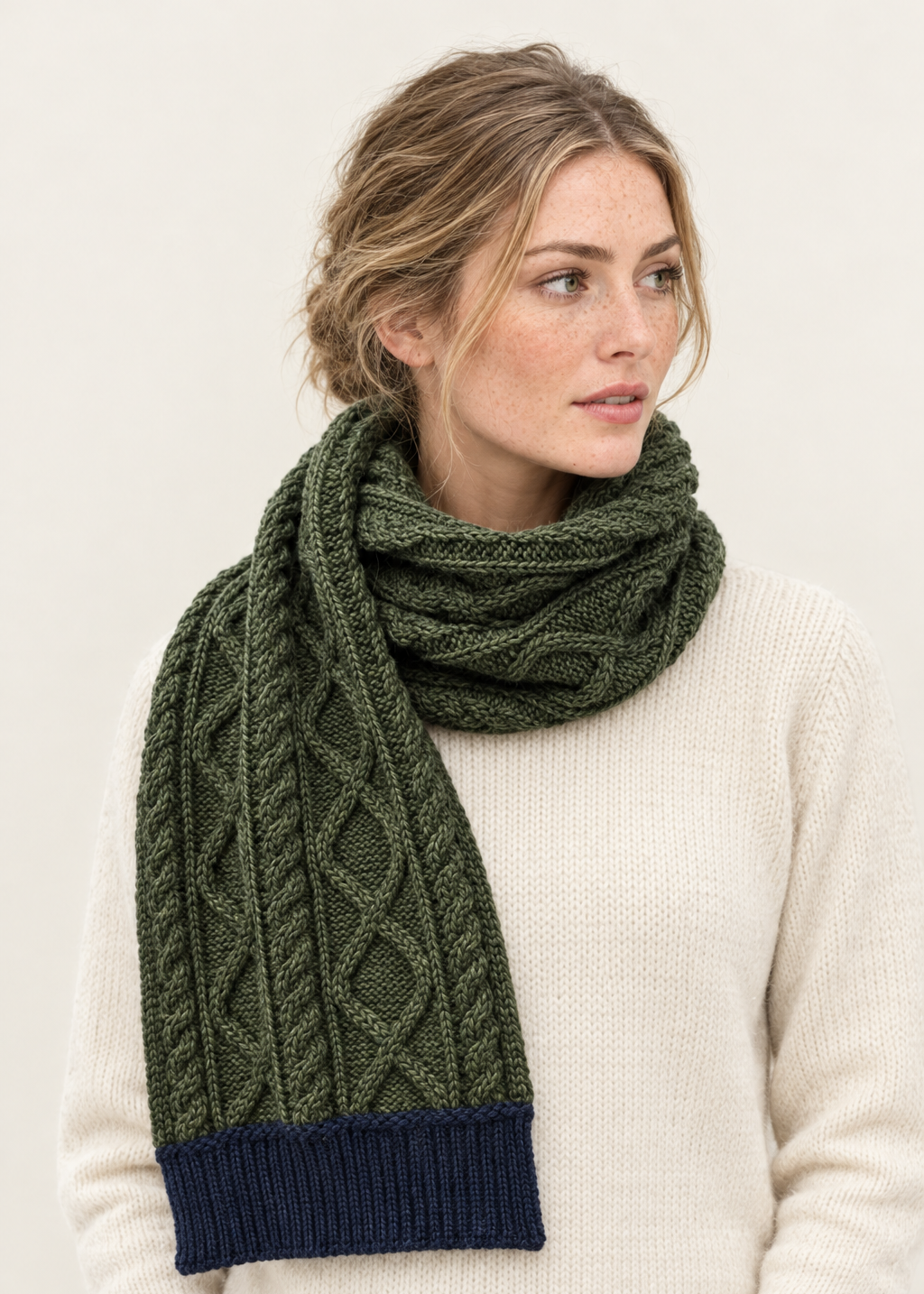 Two Tone Aran Scarf | Army Green & Navy