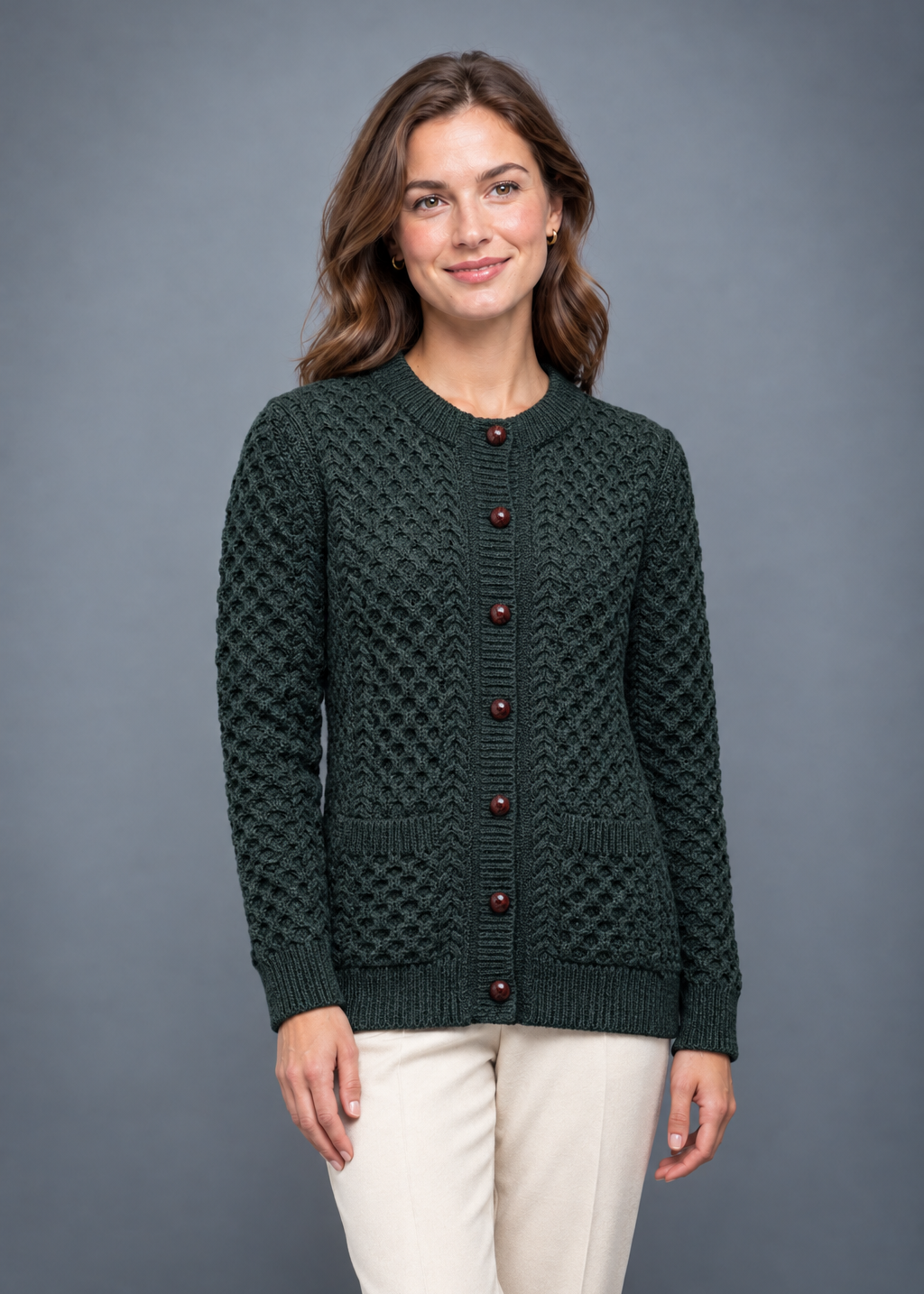Army-green cardigan, front-facing studio pose