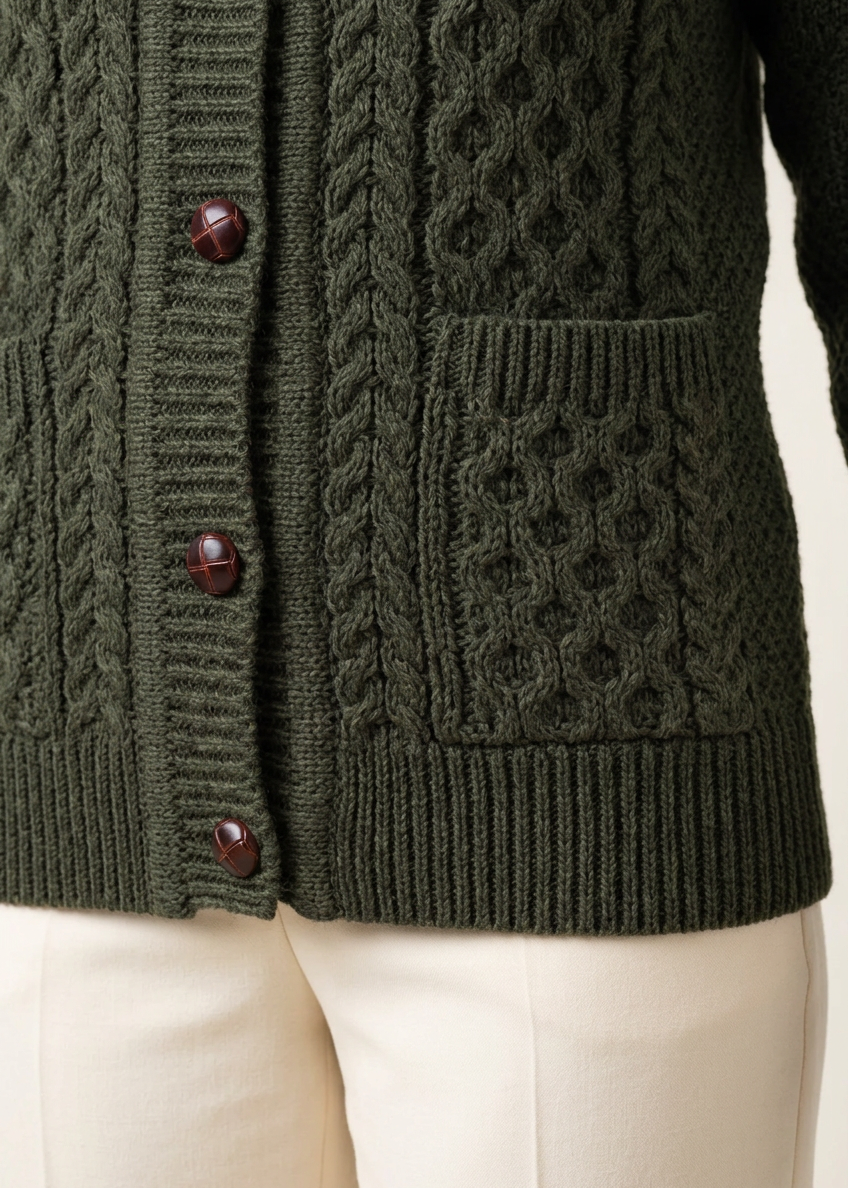 Army-green cardigan pocket and hem close-up