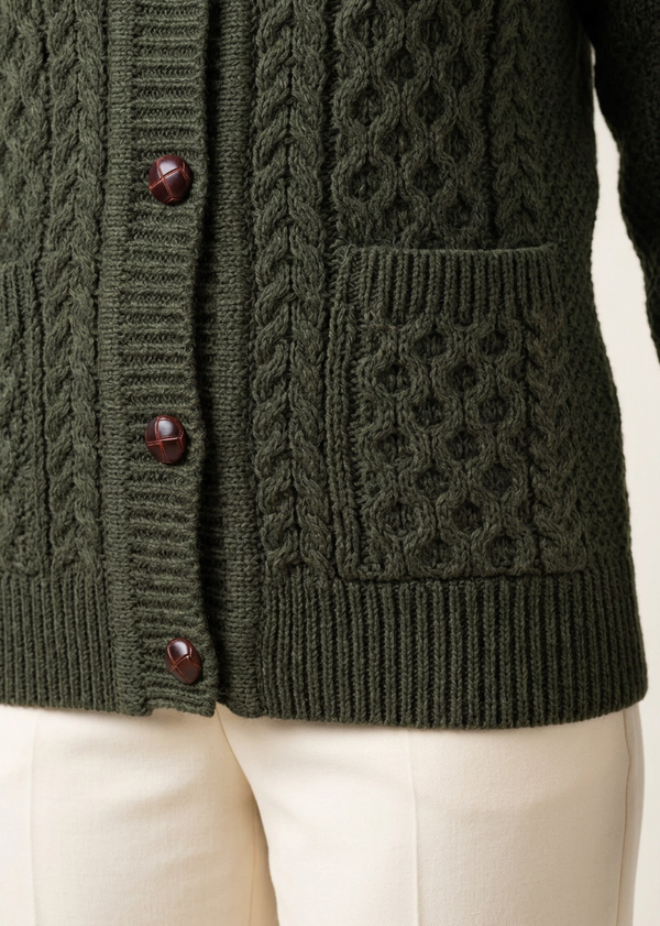 Army-green cardigan pocket and hem close-up