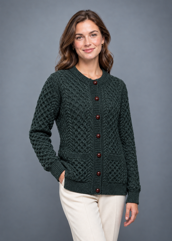 Aran Merino Wool Cable Knit Cardigan | Army Green