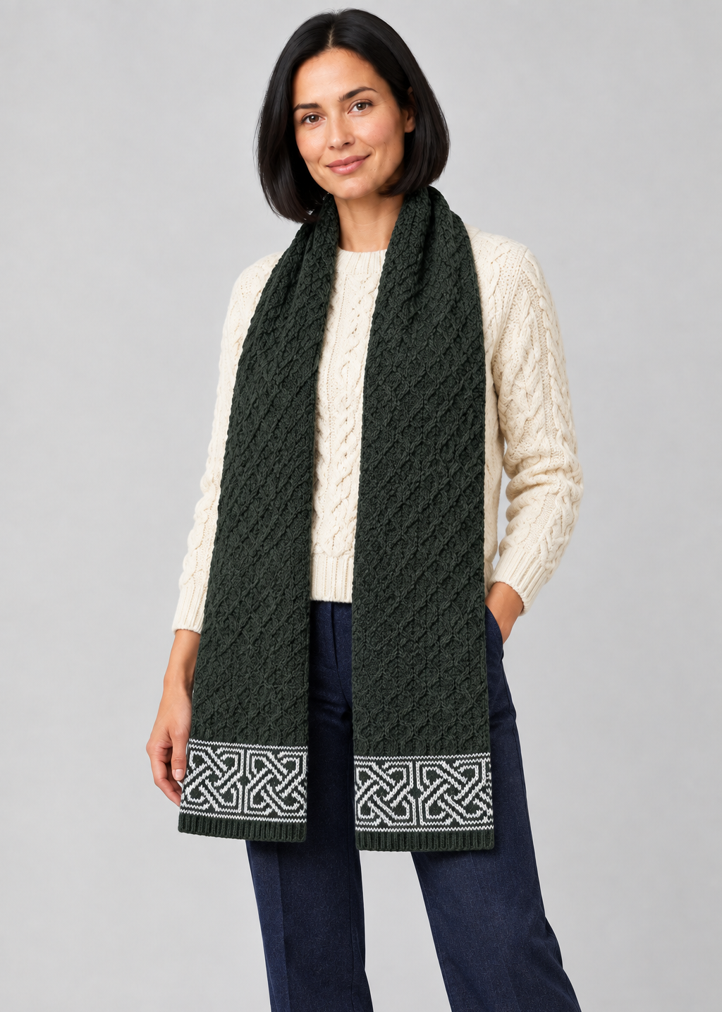 Army Green Celtic scarf, standing studio pose