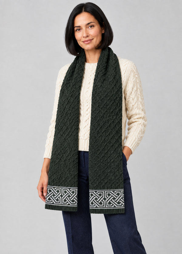 Army Green Celtic scarf, standing studio pose