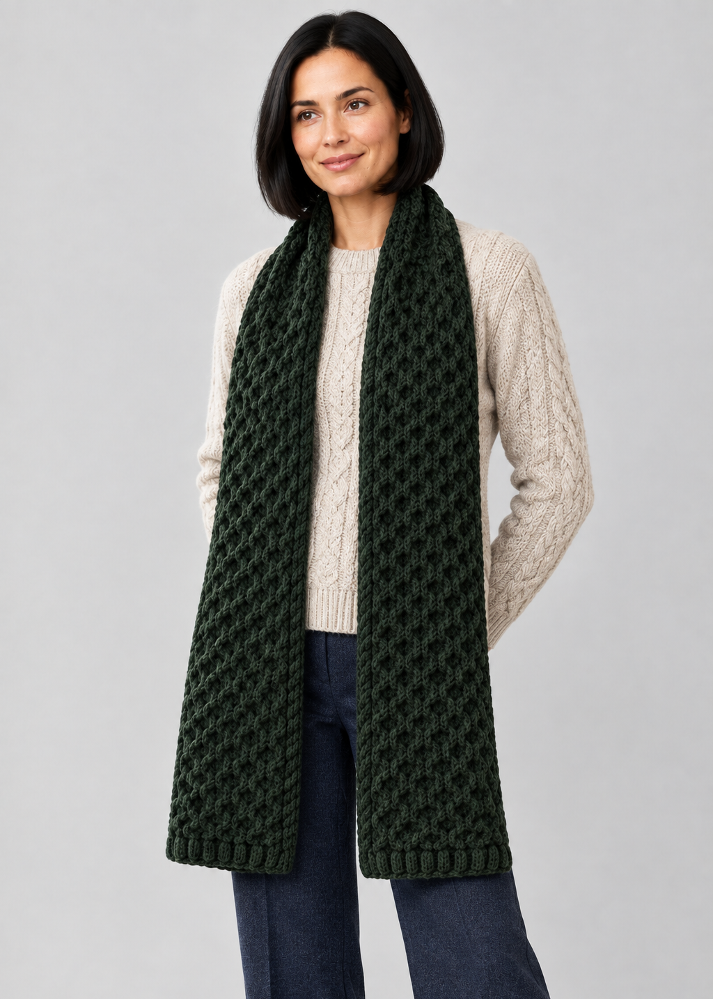 Army Green honeycomb scarf, angled studio pose