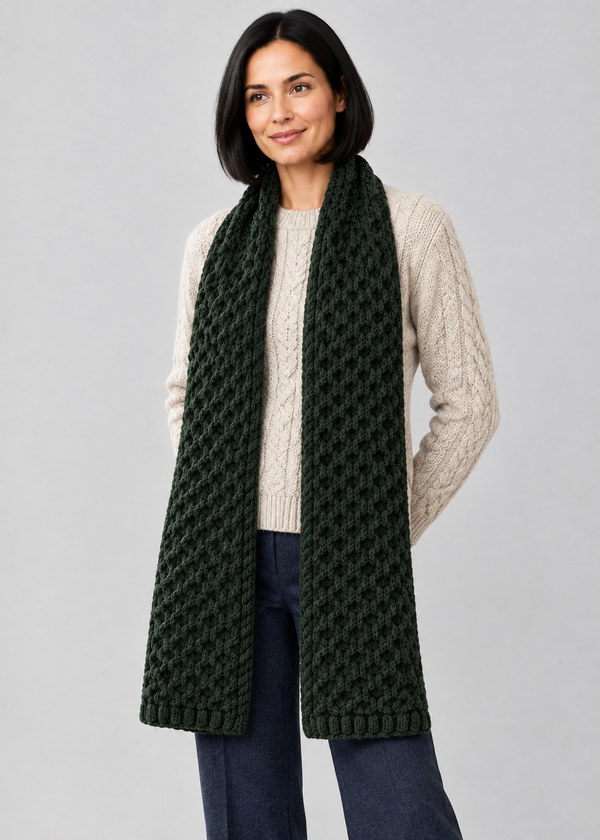 Army Green honeycomb scarf, angled studio pose