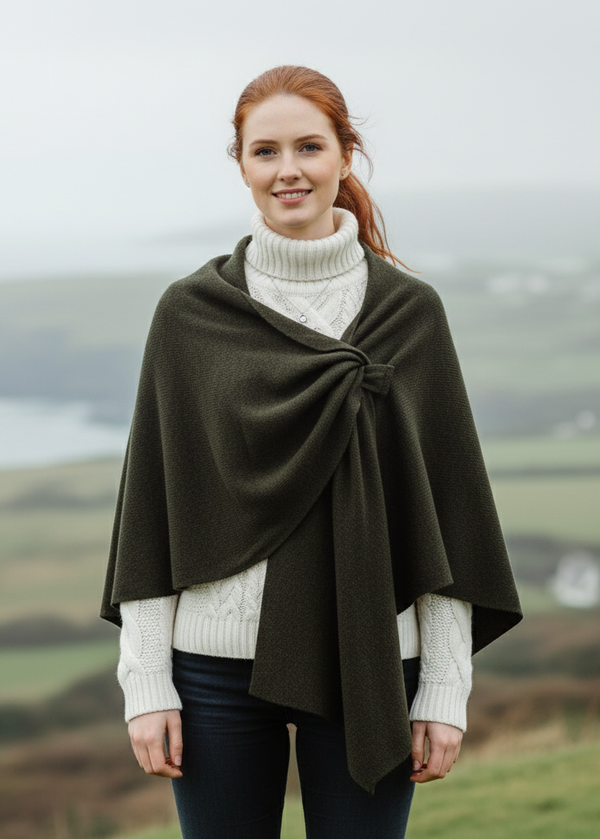 Irish Lambswool Draped Shawl - Asymmetrical Design | Army Green