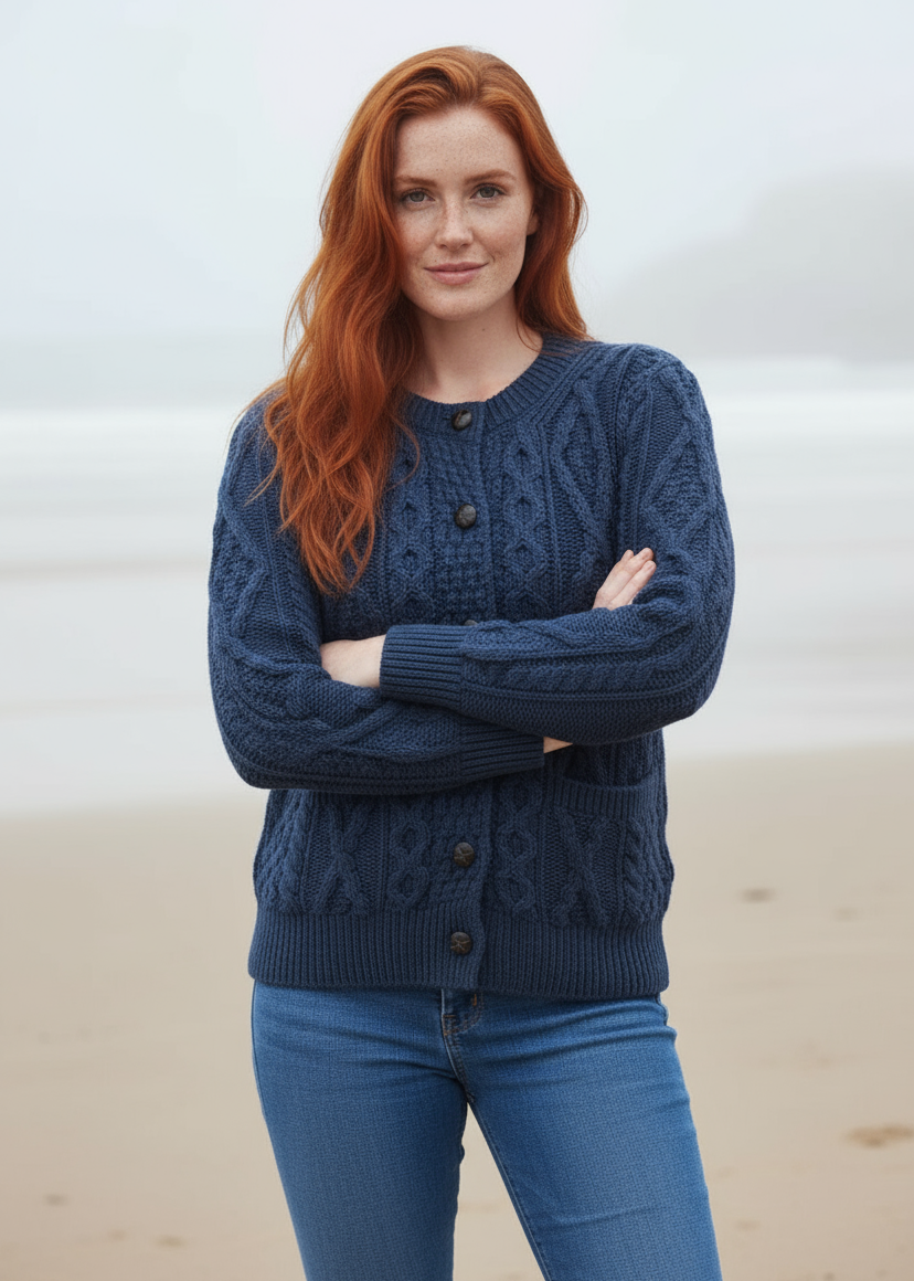Ladies Aran Cardigan | Navy/Green Mix