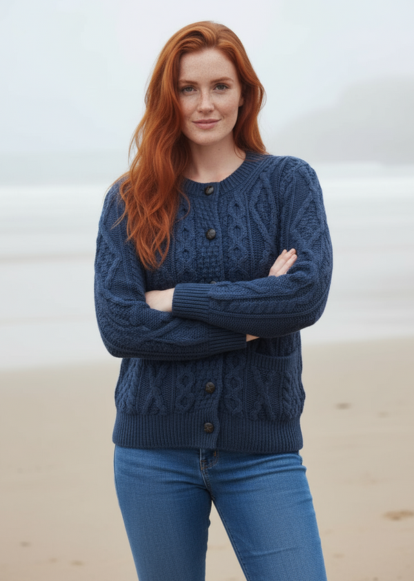 Ladies Aran Cardigan | Navy/Green Mix