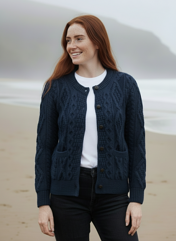 Ladies Aran Cardigan | Navy/Green Mix