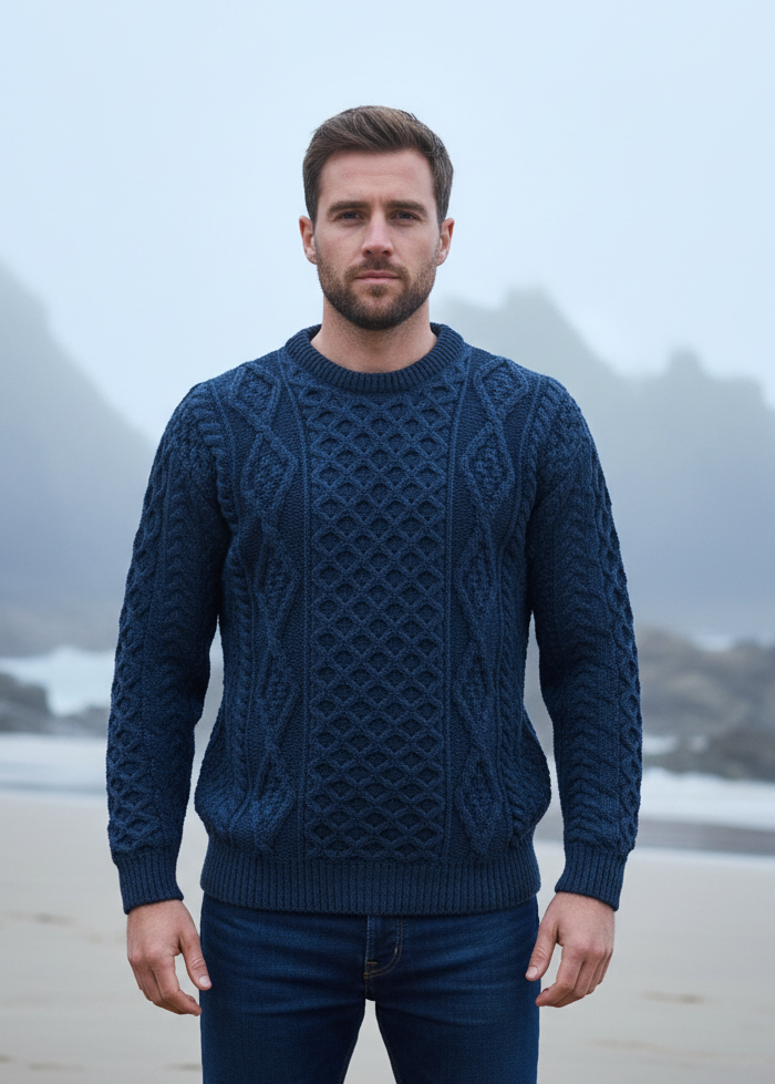 Aran Wool Sweater | Navy Green Mix