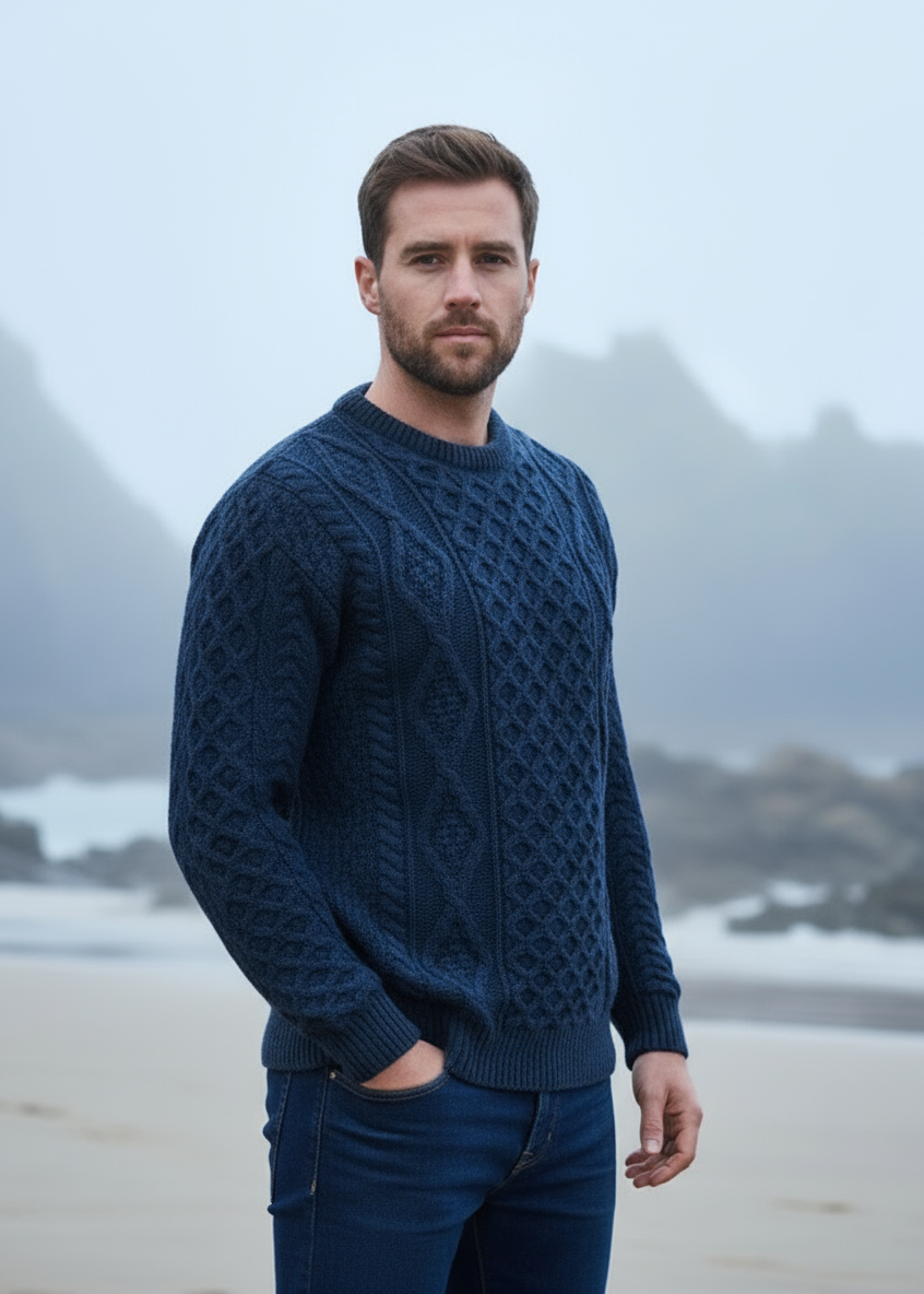 Aran Wool Sweater | Navy Green Mix