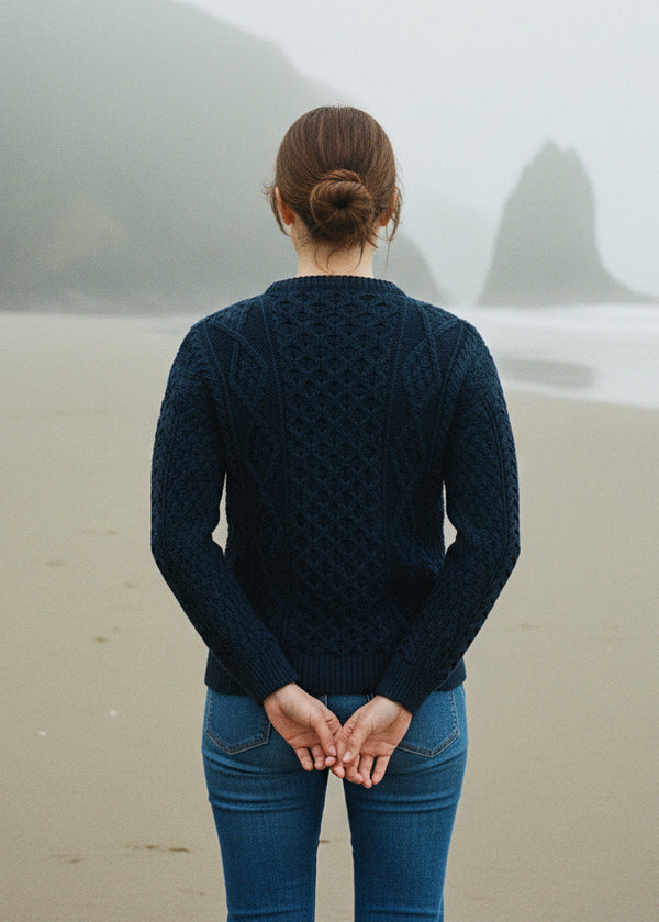 Unisex Aran Wool Sweater | Navy/Green Mix