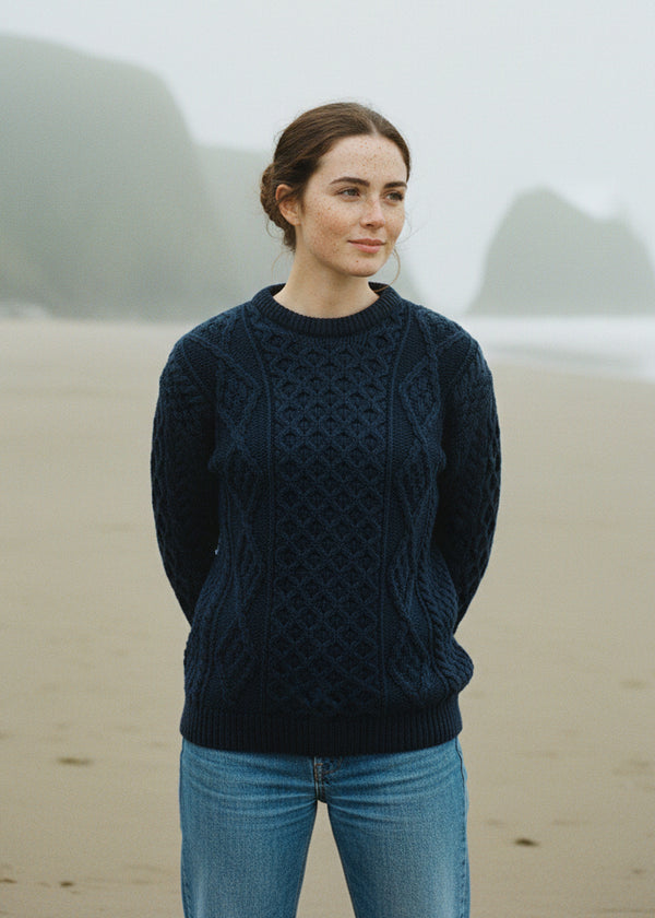 Unisex Aran Wool Sweater | Navy/Green Mix
