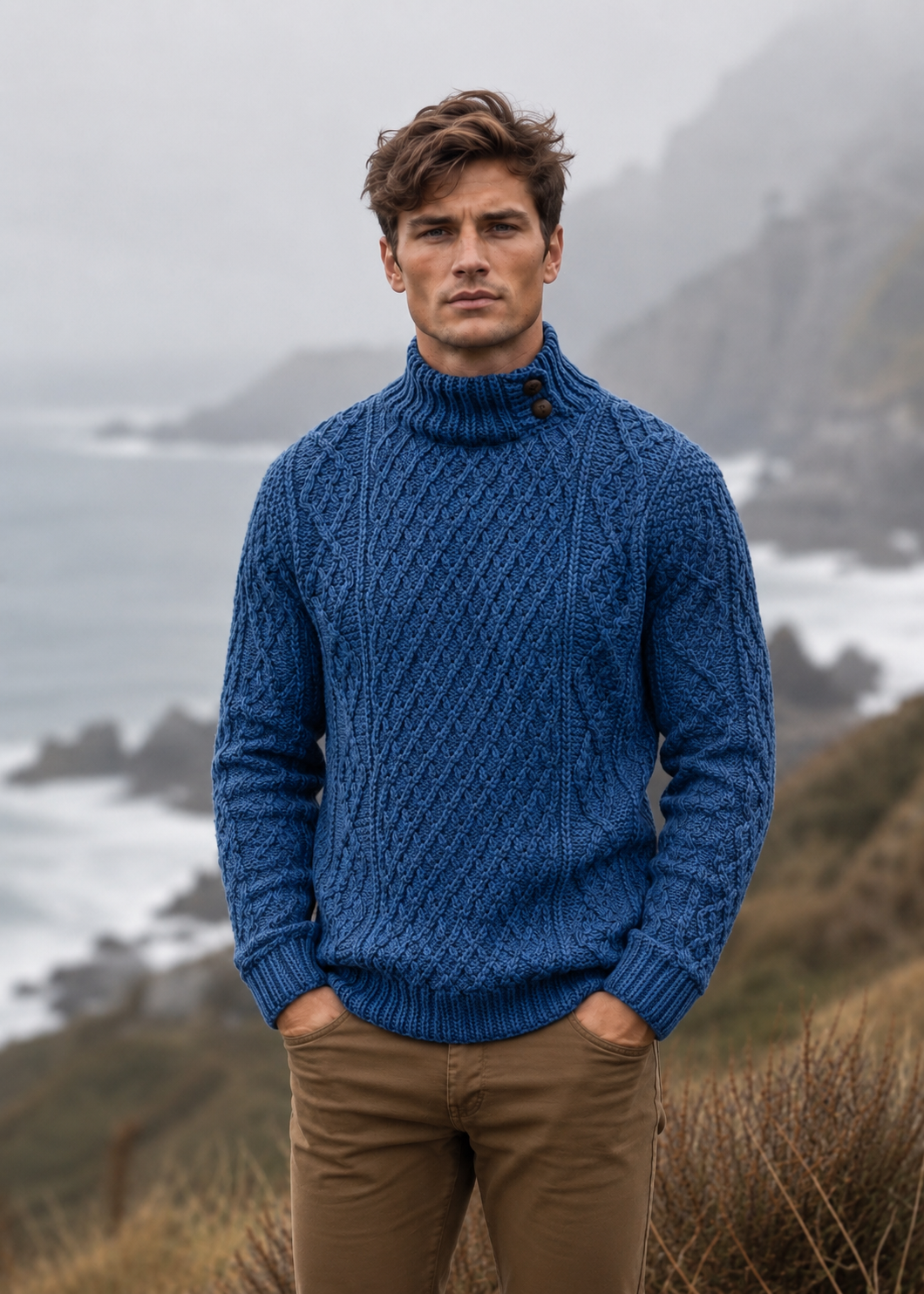 Men's Aran Merino Wool Button Collar Sweater | Denim