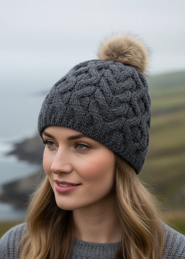 charcoal aran beanie hat
