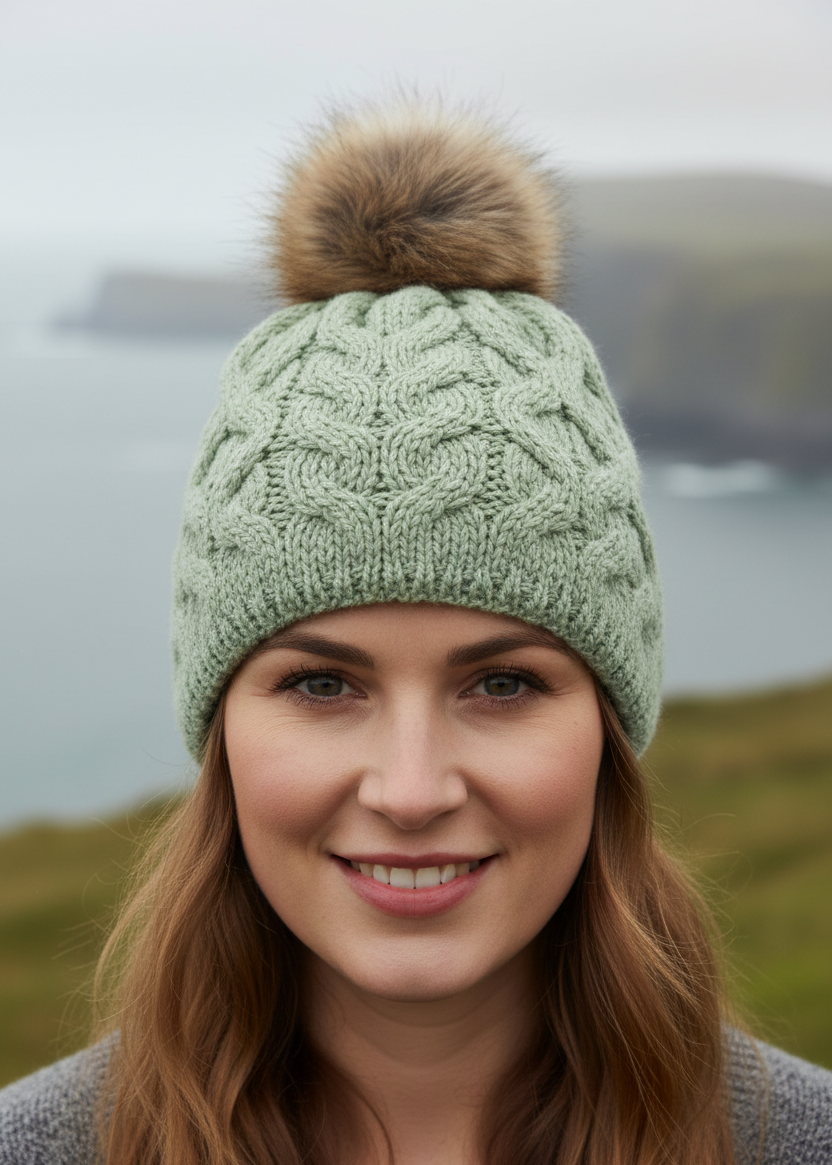 Green knitted beanie with a brown fur pom-pom on a white background