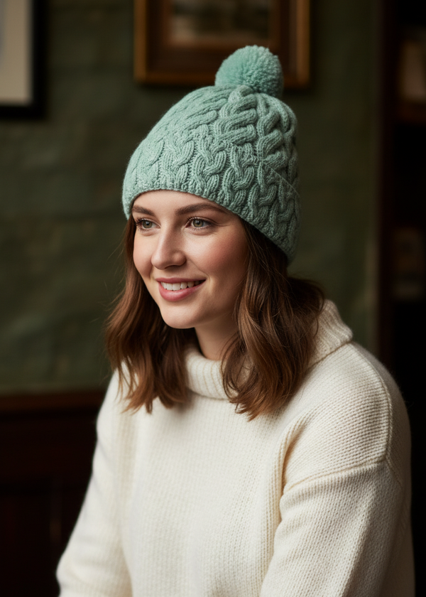 Cable Aran Hat with Pom Pom | Mint