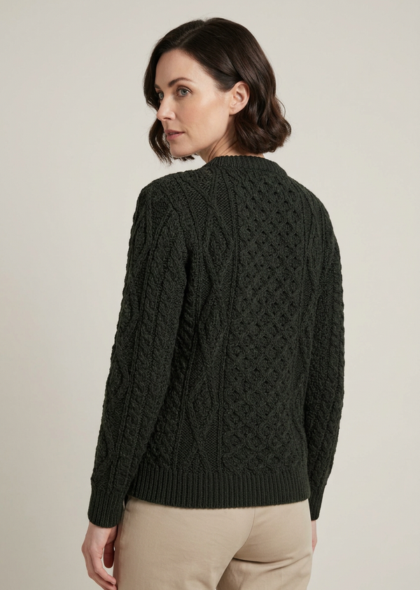 Inagh Ladies Aran Cardigan | Army Green | 100% Worsted Wool