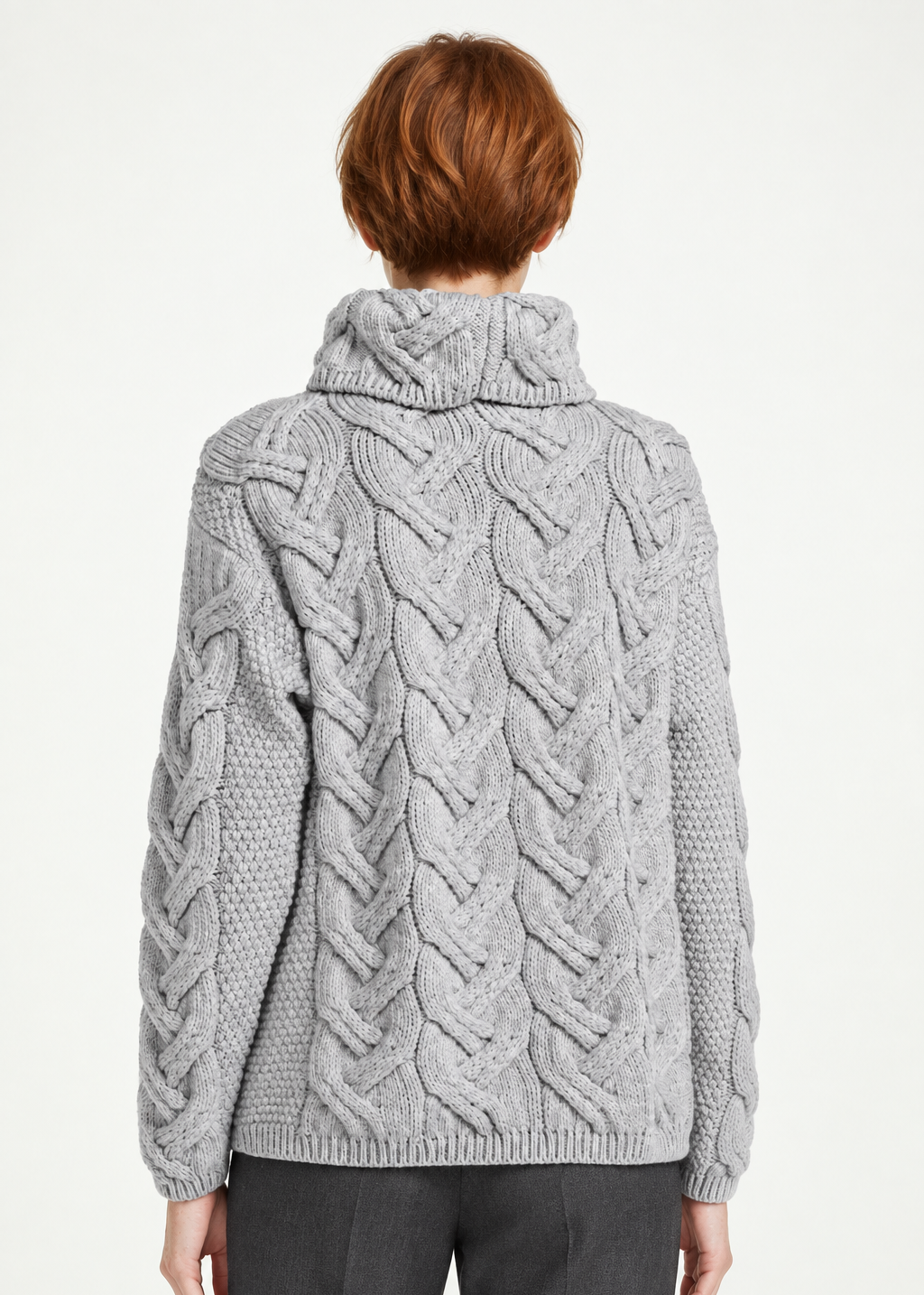 Back pose-Women's Aran Cowl Neck Chunky Sweater | Grey 