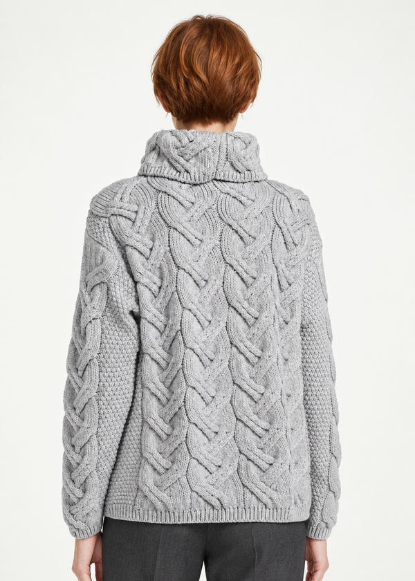 Back pose-Women's Aran Cowl Neck Chunky Sweater | Grey 