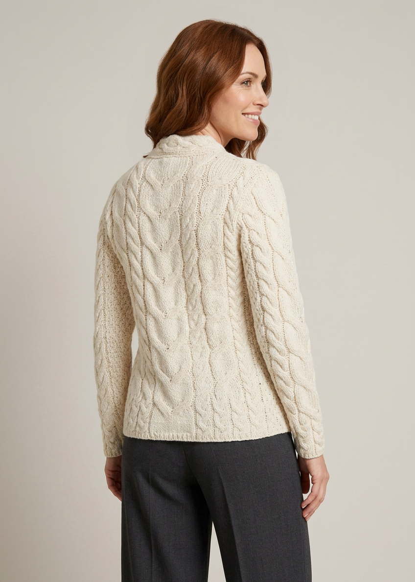Ladies V-Neck Supersoft Merino Aran Sweater - Natural