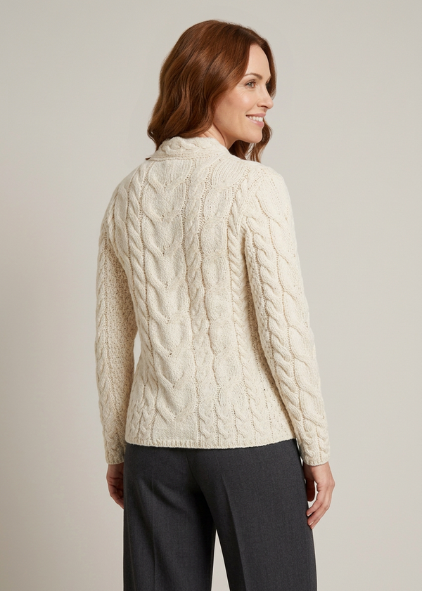 Ladies V-Neck Supersoft Merino Aran Sweater - Natural