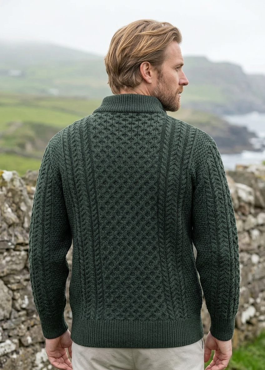 Aran Cable Knit Half Zip Sweater | 100% Merino Wool | Green