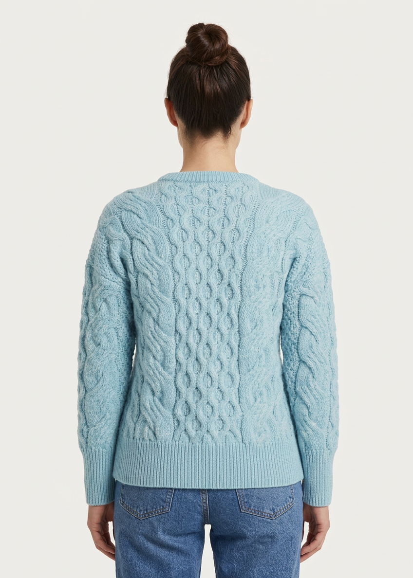 Ladies Long Crop Cable Supersoft Merino Aran Sweater | Sky Blue