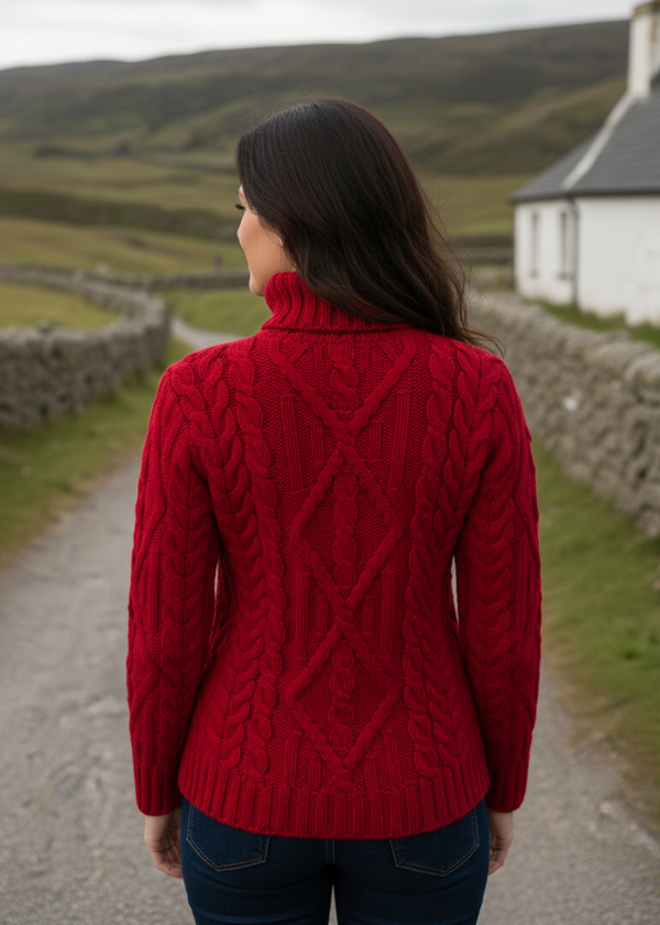Aran Garnet Red Turtleneck Sweater | 100% Merino Wool | Traditional Irish Cable Knit