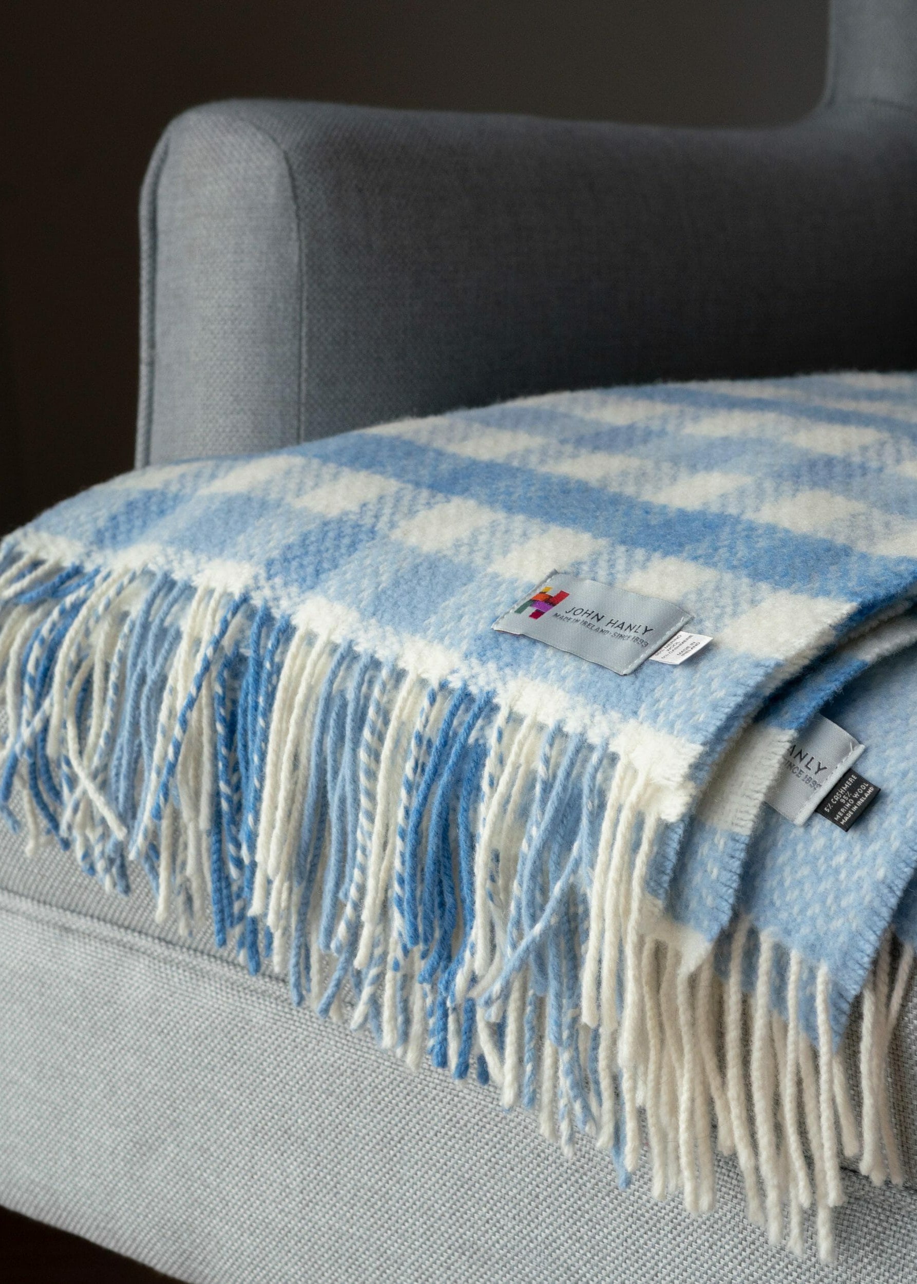 Irish Cashmere Baby Blanket Blue Block Check in a presentation box.