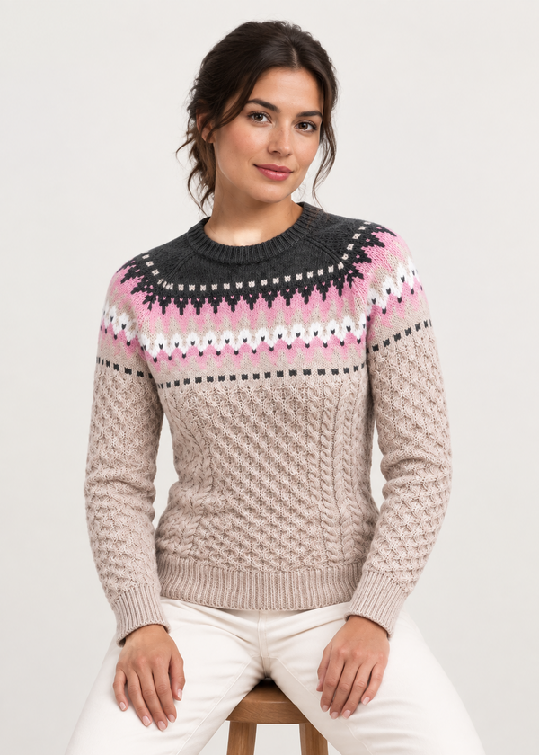 Ladies Slim-Fit Aran Fair Isle Sweater | Beige
