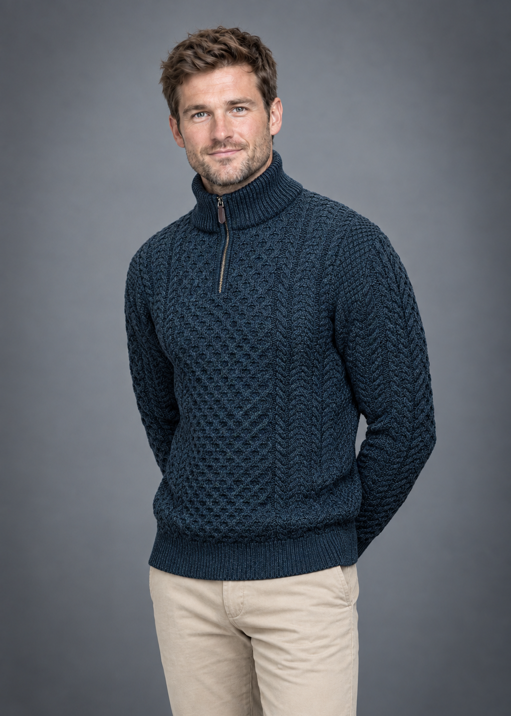Men's Aran Half Zip Sweater - Blackwatch Navy Green | 100% Merino Wool