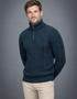 Men's Aran Half Zip Sweater - Blackwatch Navy Green | 100% Merino Wool