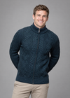Full Zip Mens Merino Wool Aran Cardigan | Navy Green - Clearance
