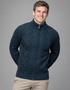 Full Zip Mens Merino Wool Aran Cardigan | Navy Green - Clearance