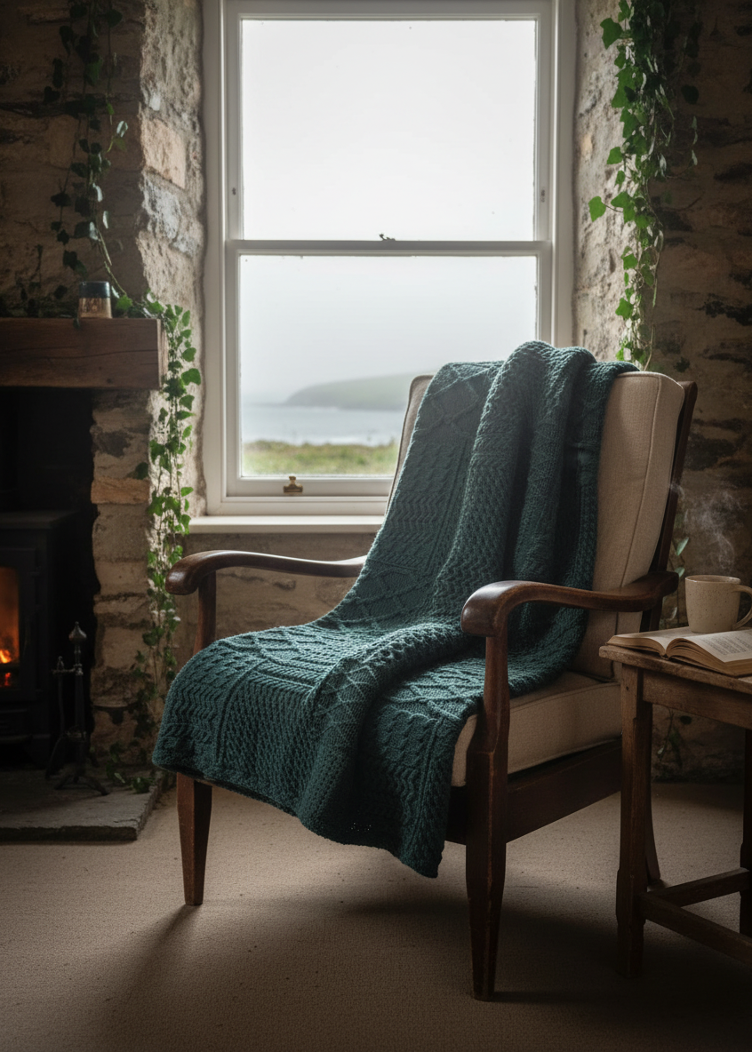 Blanket in cottage-Aran Patchwork Blanket Forest Green | 100% Merino Wool Irish Throw